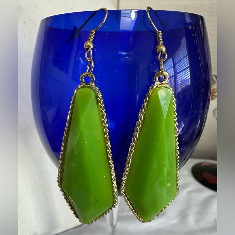 Long jewel tone lime green dangle earrings